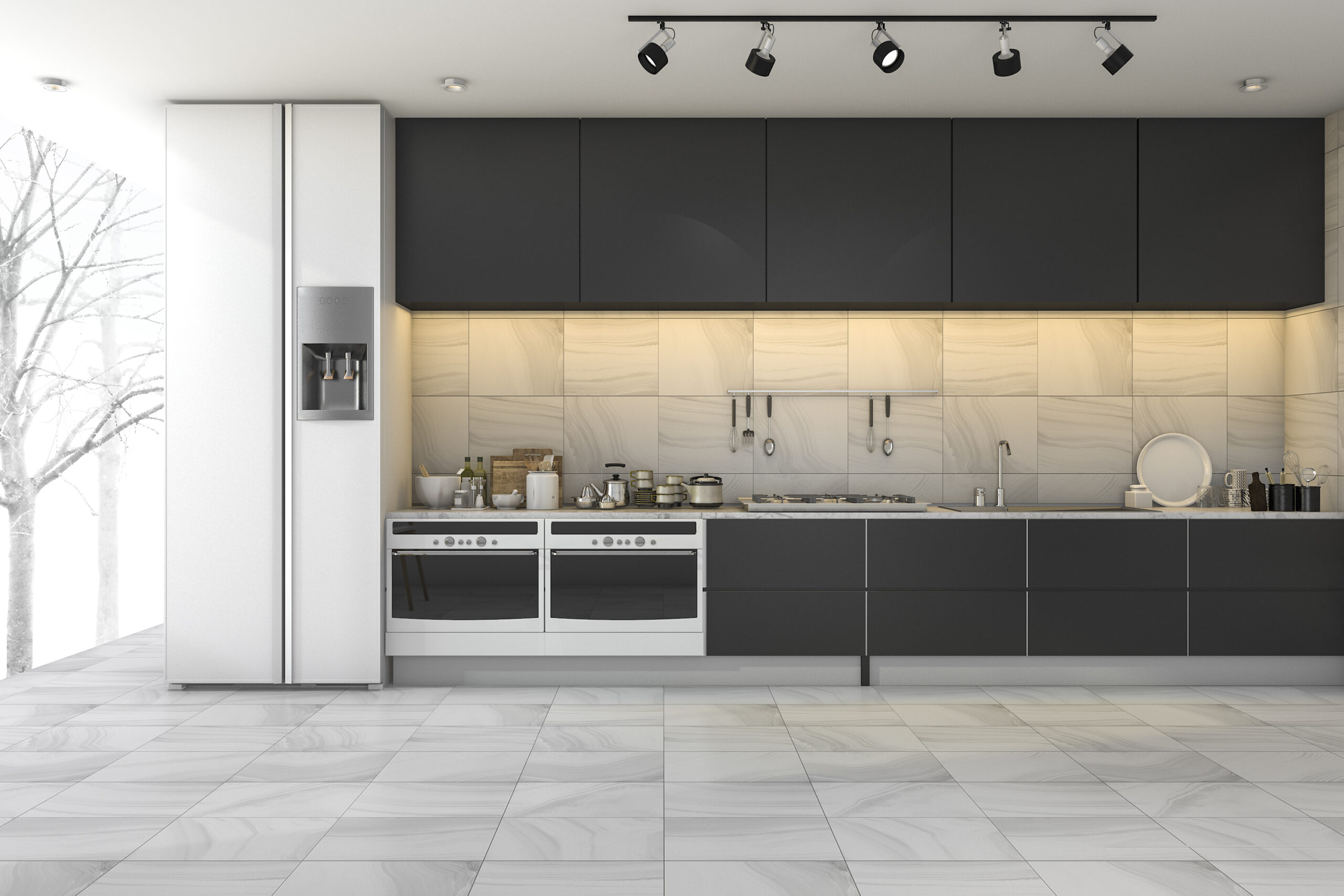 d rendering minimal black kitchen in winter scaled